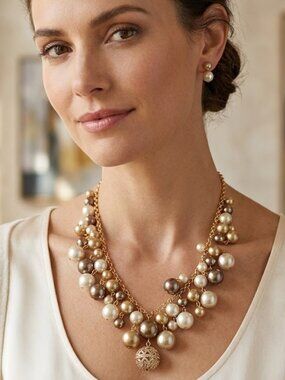 NWT Carolee Multi-Tone Champagne/Gold Color-Faux Pearl Cluster  Necklace